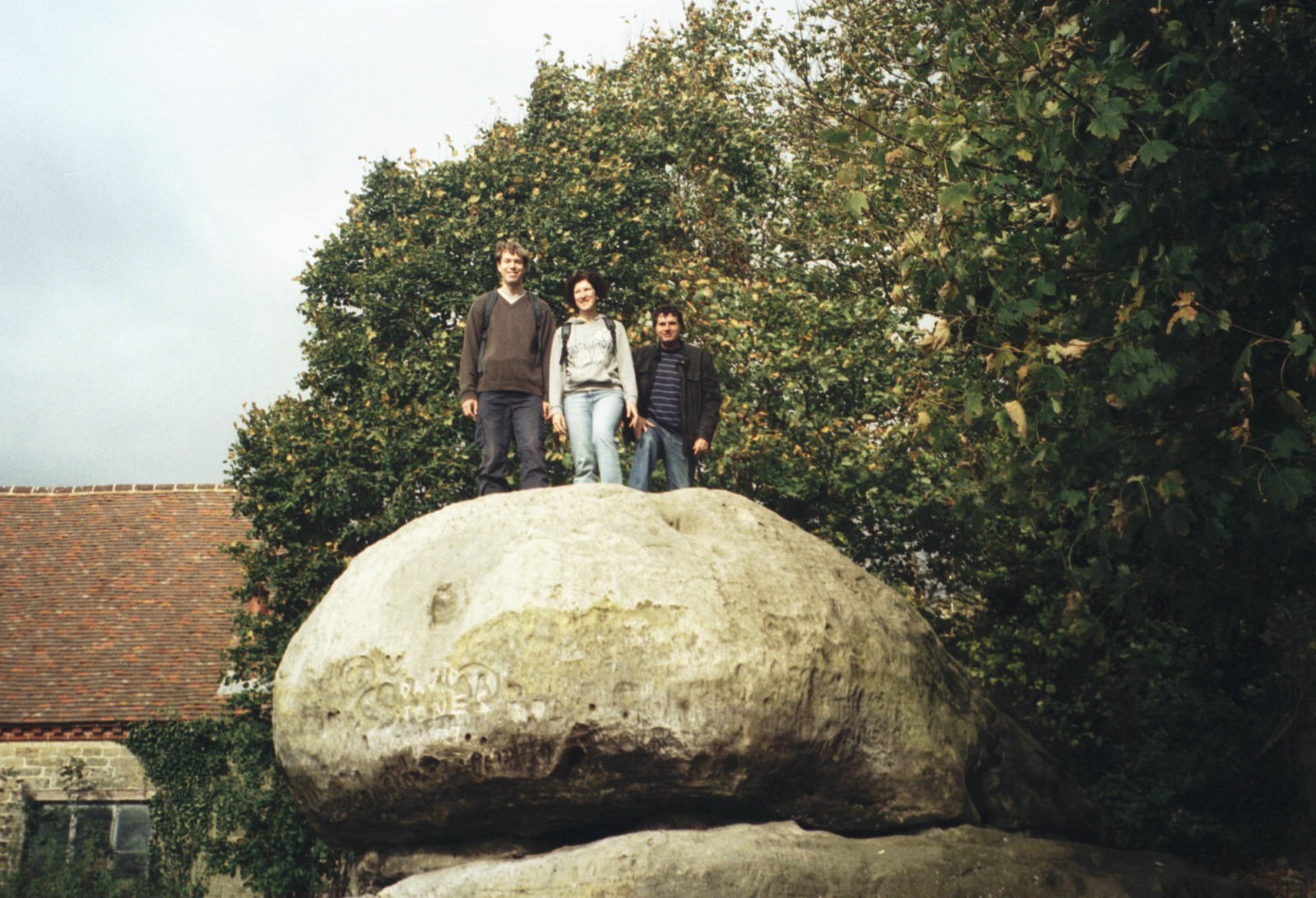 Walk around Chiddingstone, Kent in autumn 2008. Paul, Mary and Rob standing on the ancient Chiding Stone.